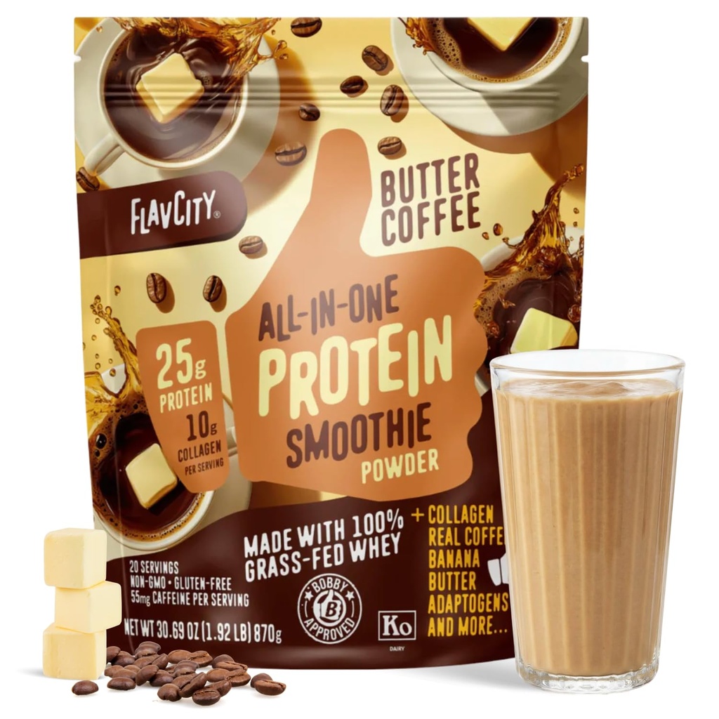 FlavCity Grass Fed Whey Protein Powder - Butter Coffee - 25g Protein, 10g Collagen & 87mg Caffeina - Realizzato con Organic Reishi & Cordyceps - Gluten Free & No Aggiunto Sugars (20 Servings)