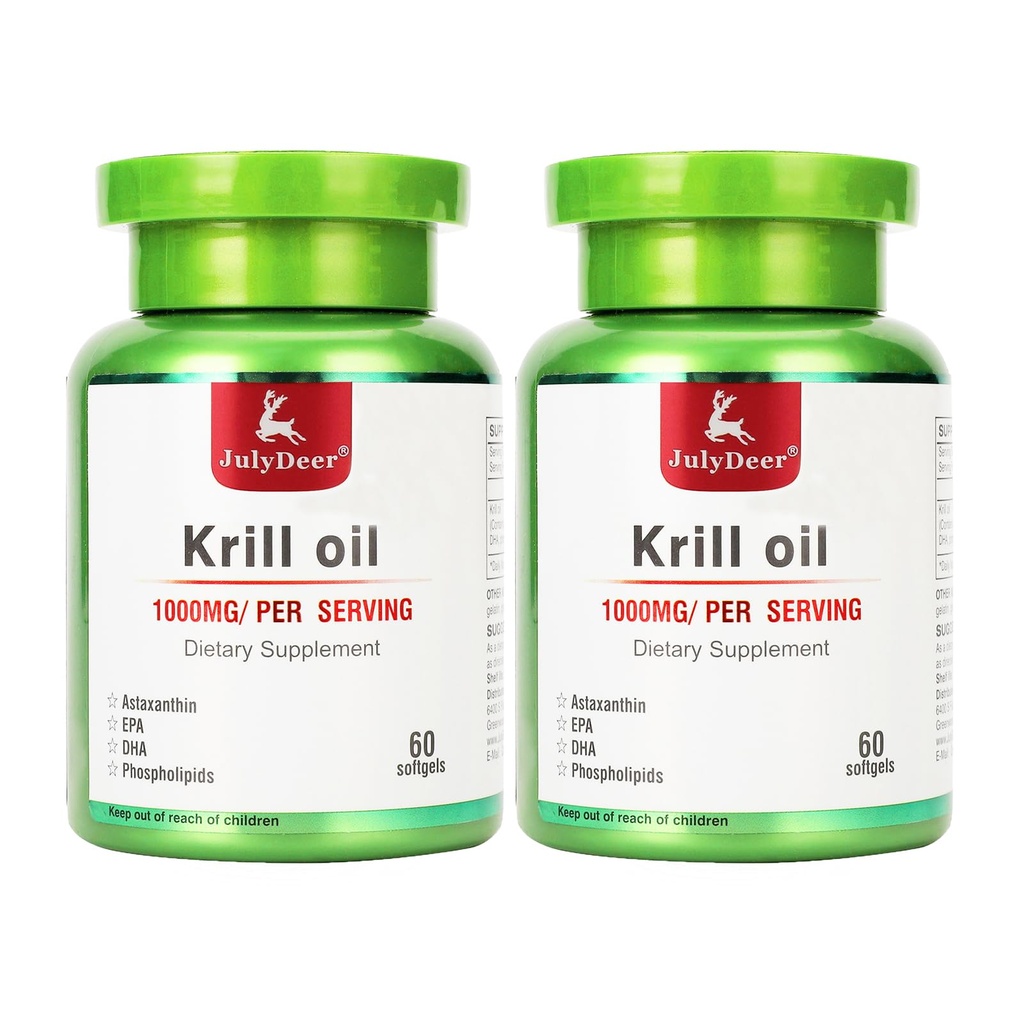 2 Bottiglie Antartico Krill olio 1000 mg con Omega-3s EPA, DHA, Astaxantina e Phospholipids 60 Softgels supplemento no Pesceso Aftertaste per giunto, cuore, cervello e immunità - 120 Softgels