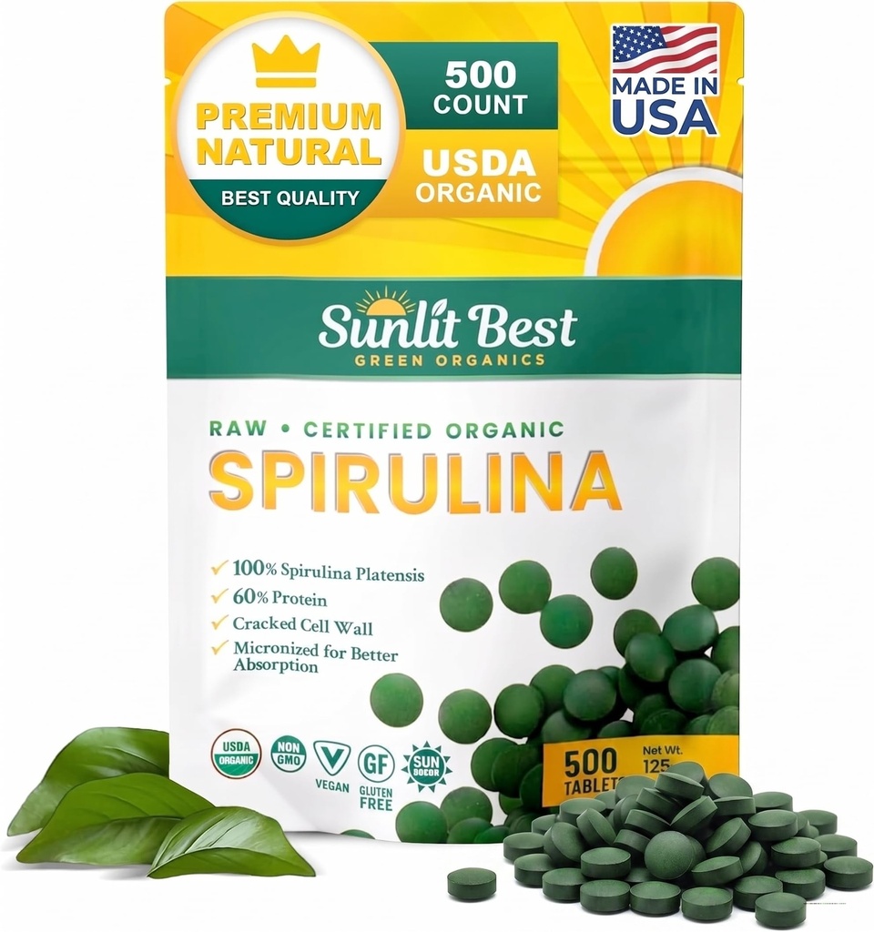 Compresse Spirulina Best Sunlit - Compresse Spirulina Organiche USDA Premium 500 Count - Spirulina naturali Burst organico per la crescita muscolare di sostegno immunitario, Energy Boost w/Chlorophyll - Alta proteina, Non OGM