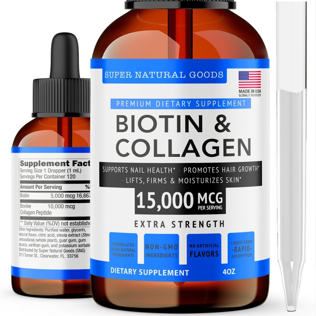 Super Natural Goods Biotin & Collagen Vitamine - Perdita di capelli, Salute Gut, Anti-invecchiamento, Cura della pelle & Unghie - Made in USA, Non OGM & Cruelty Free (4 oncia- 15.000mcg)