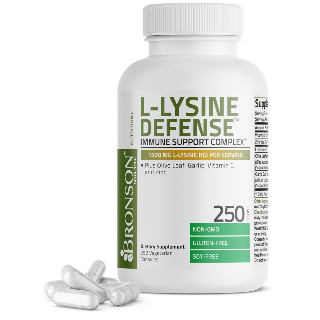 Bronson L-Lysine Defense Immune Support Complex 1500 MG L-Lysine Plus Olive Leaf, Aglio, Vitamina C e Zinco - Non OGM, 250 Capsule Vegetariani