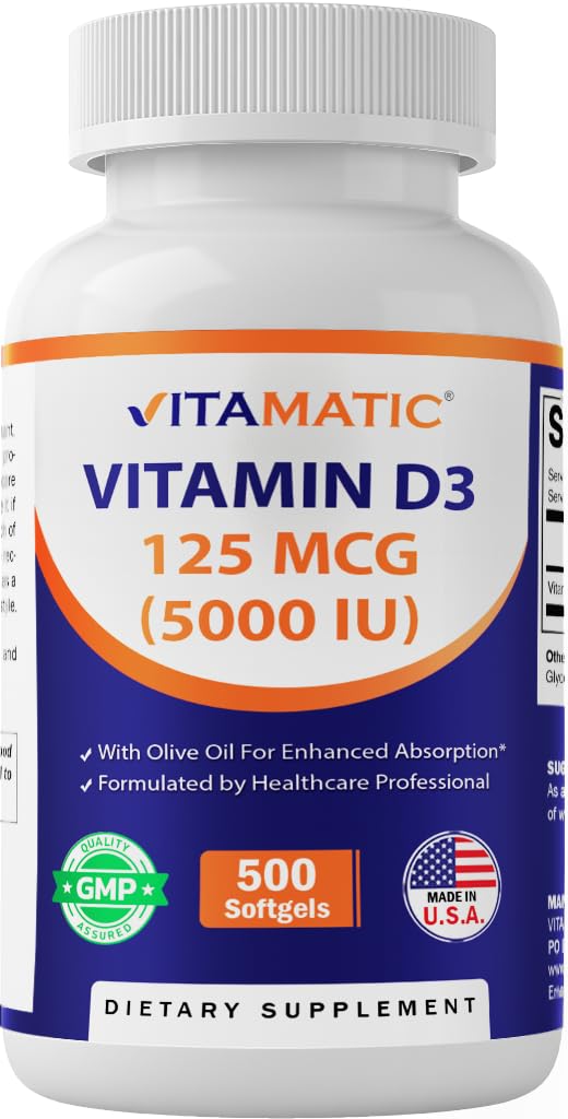 Vitamatic Vitamina D3 5000 IU (125 mcg) – 500 Mini Softgels Olive Oil-Based Formula – Cold-Pressed – 500-Day Supply – Supporta Bone, Muscle & Immune Health – Non-OGM & Gluten-Free