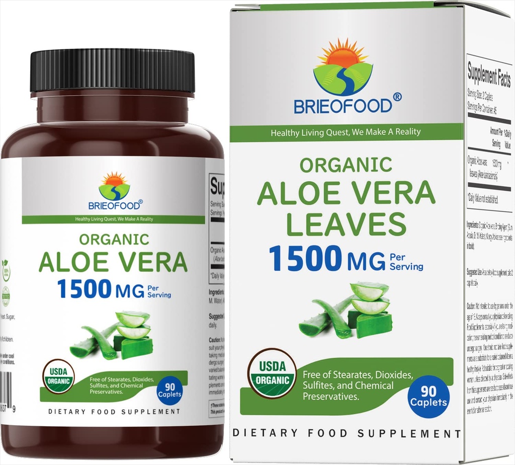 Brieofood Organic Aloe Vera 1500mg, 45 Serve, Vegetariano, Senza Glutine, 90 compresse vegetariane
