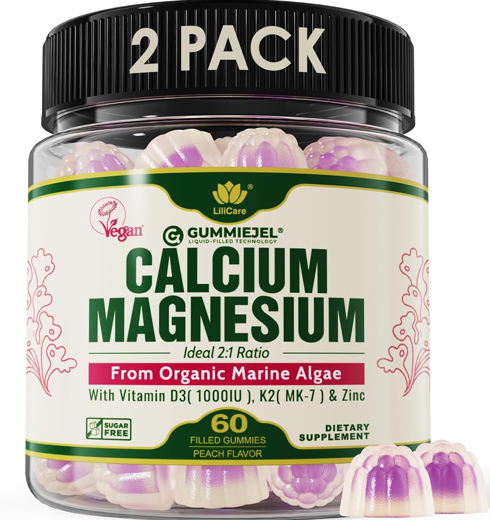 2 Pack - Gummie di calcio a base vegetale 600mg con vitamina D3 K2, magnesio, zinco per la forza di ossa, integratori di calcio senza zucchero per le donne e gli uomini ( Vegan) da alghe rosse sostenibili