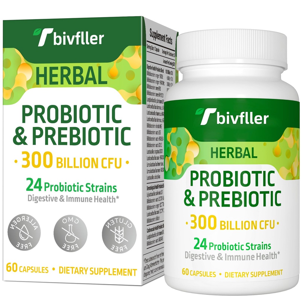 Probiotici per le donne Uomini- 300 miliardi di CFU, 24 Strains Probiotic+15 erbe organiche Prebiotics Blend, Pre e Probiotici, per la salute digestiva, Immune & Gut, Diarrea, Bloating, Vegan, 2 mesi di fornitura