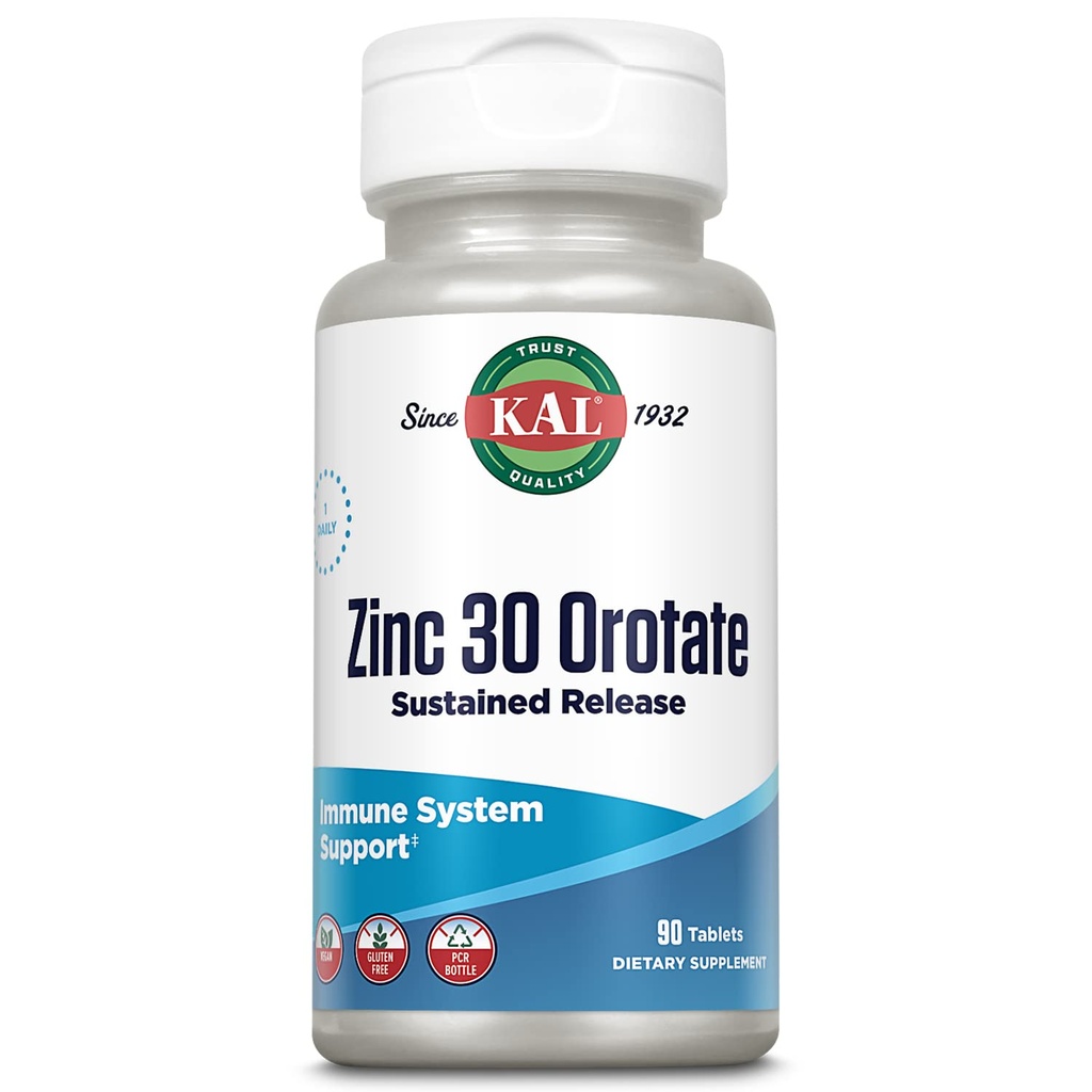 KAL Zinc Orotate 30mg, Rilascio Accoltoso, Compresse Zinco Chelato, Integratore di Supporto Immune, Sintesi delle Proteine, Metabolismo, Supporto Energetico, Vegan, Gluten Free, Garanzia di 60 giorni, 90 Serve, 90 compresse