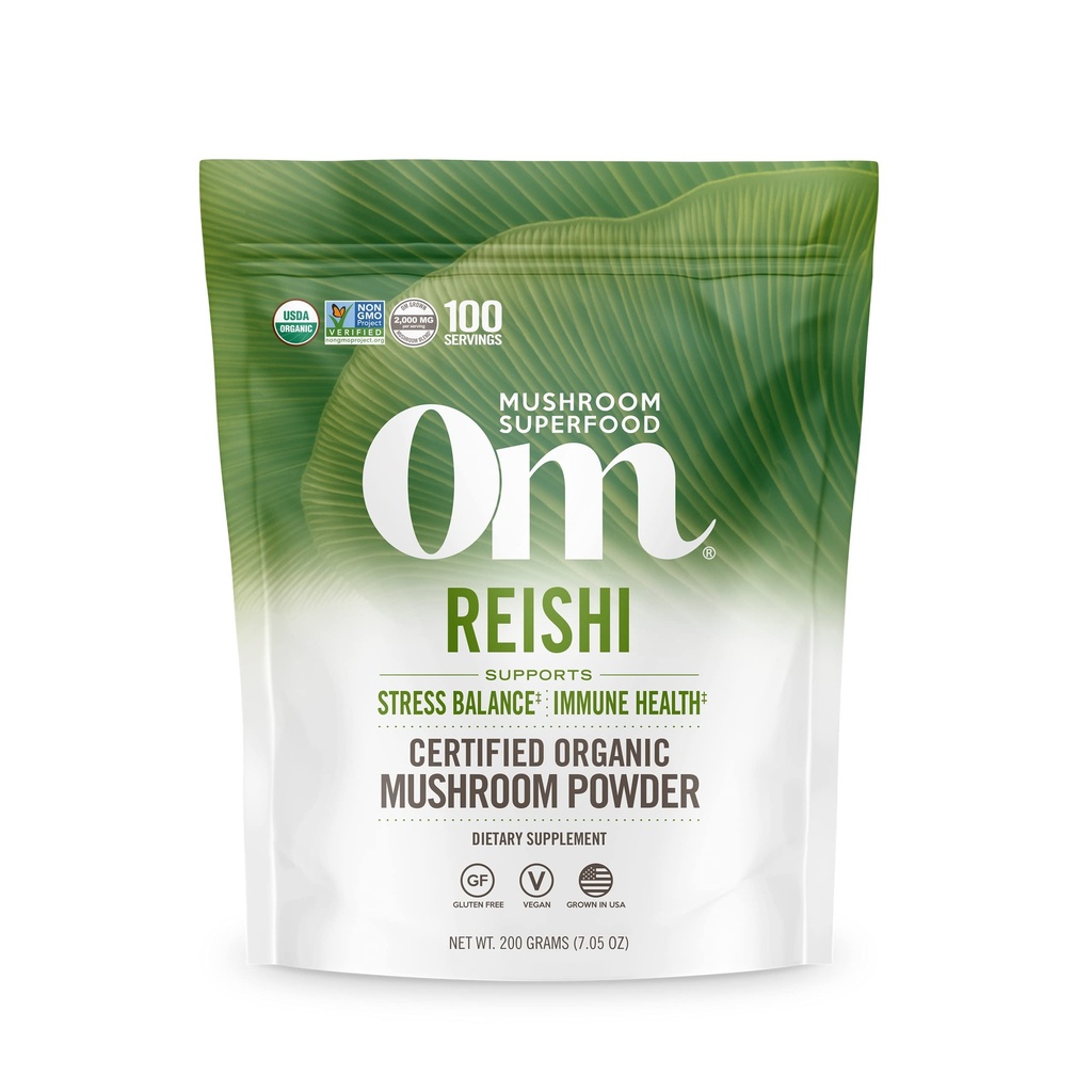 Om Mushroom Superfood Reishi Organic Mushroom Powder, 100 Servings, Polvere organica di adaptogen per il sollievo da stress e la salute immunitaria