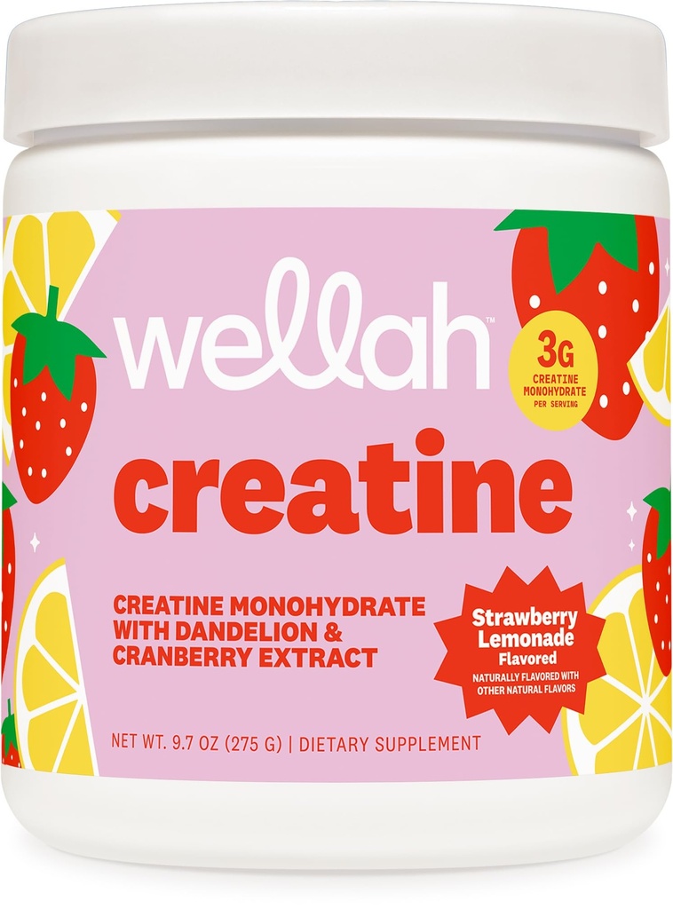 Wellah Creatina per le donne - Creatina Monoidrato con Dandelion & estratto di mirtillo (50 Serve, Limonata di fragole)