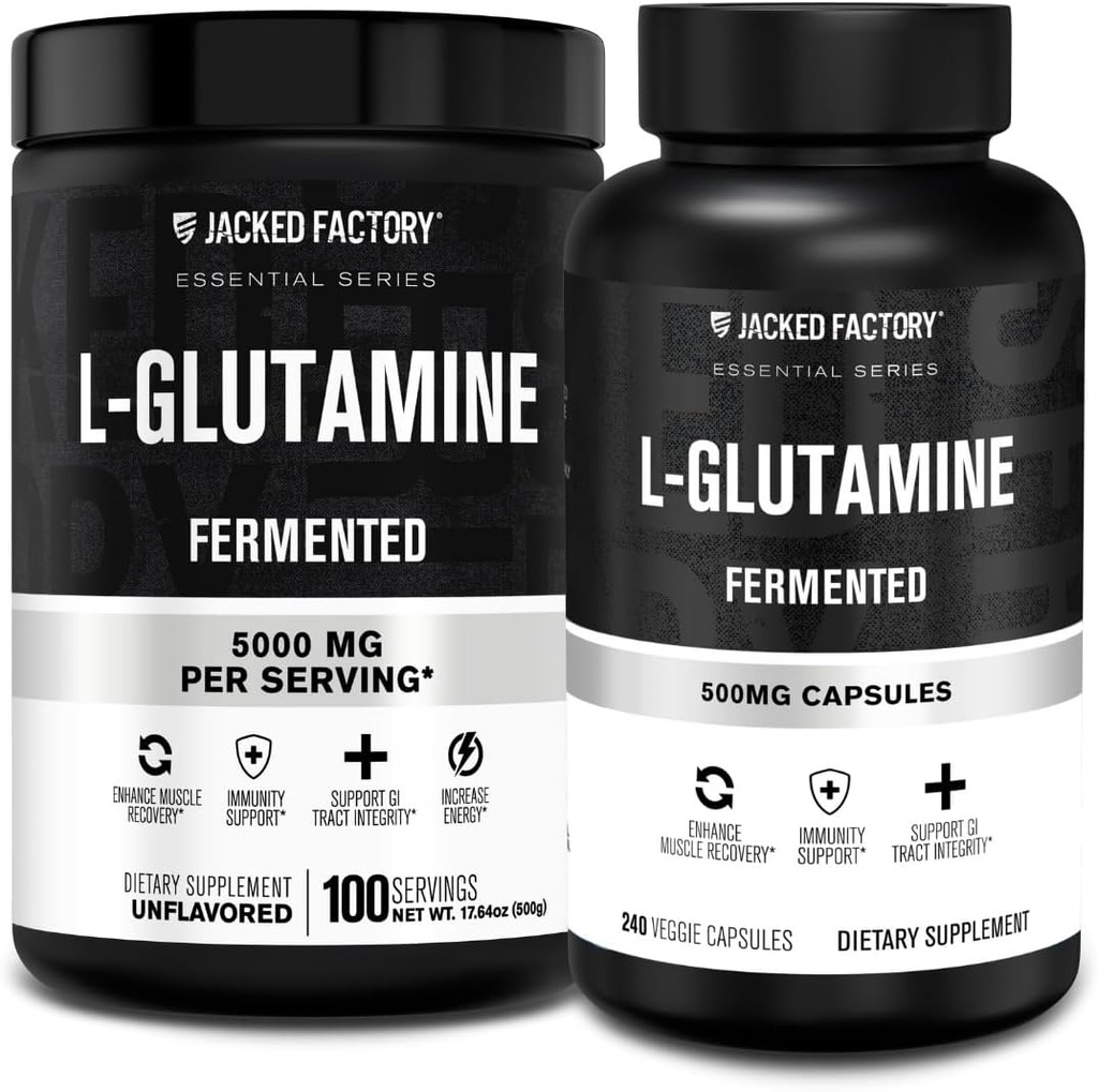 Jacked fabbrica L-Glutamine polvere 100 Servings & L-Glutamine capsule 500mg (240 capsule) per il recupero del muscolo di allenamento post, immunità, salute digestiva