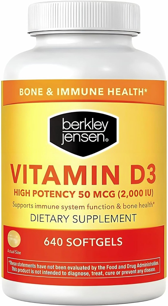 Berkley Jensen ad alta potenza vitamina D3 2000IU (50 mcg) (640 Softgels), supplemento dietetico per denti, muscolo, funzione immunitaria e salute del chiodo, per gli uomini e le donne, Made in USA, 640 giorni di alimentazione