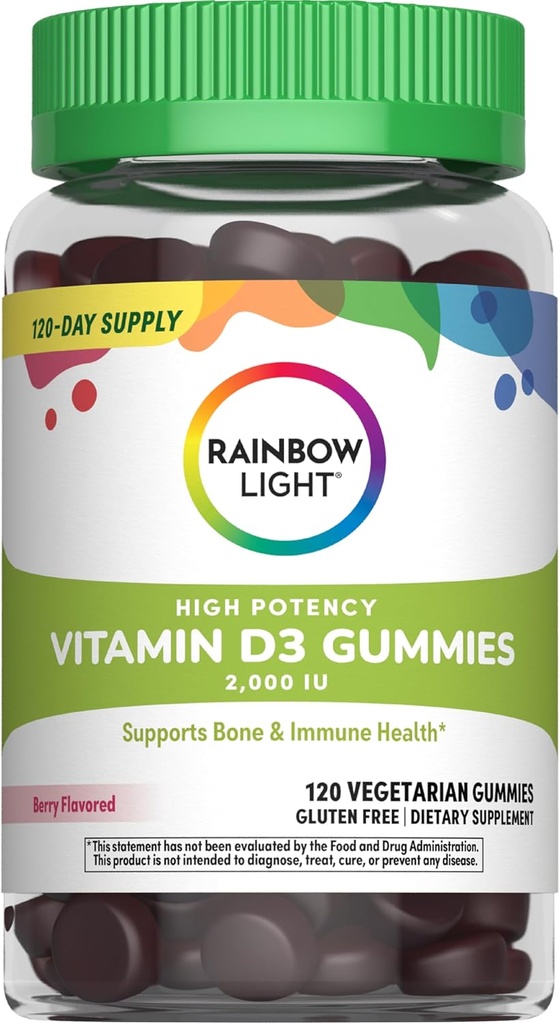 Rainbow Light Vitamin D Gummies, Alta Potenza Vitamina D3 2000IU Immune Health Support, Aiuta a sostenere ossa forti & denti, senza glutine, Vegan, bacche, 120 Gummies