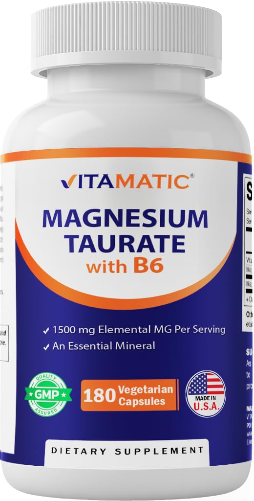 Vitamatic Magnesium Taurate 1500mg per Serving - 180 Capsule Vegetariani (Prove 300 mg di Magnesio Elementale) - Aggiunto B6 per Assorbimento Massimo - Supporta Muscolo, Giunto e Salute Del Cuore*
