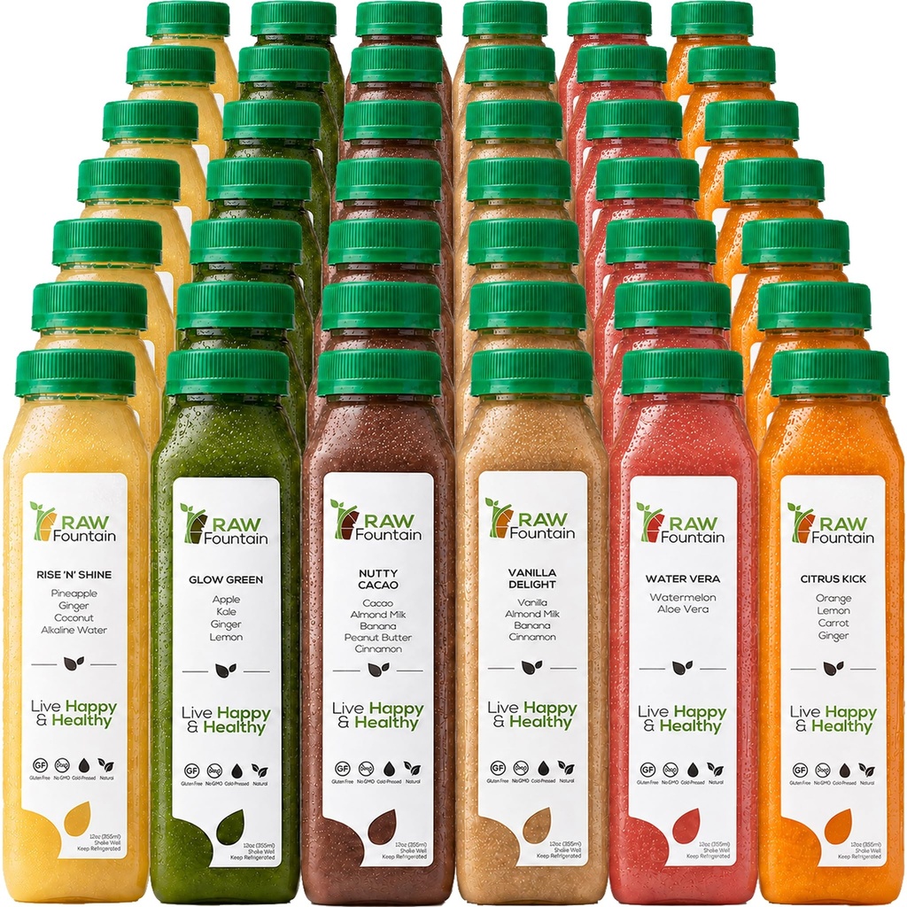 7 giorni Protein Juice Cleanse by Raw Fountain, All Natural Raw Detox Cleanse, Cold Pressed Fruits, Verdura, Vanilla and Chocolate Flavor, Tasty and Energizing, 42 Bottiglie 12oz, 3 Ginger Shots