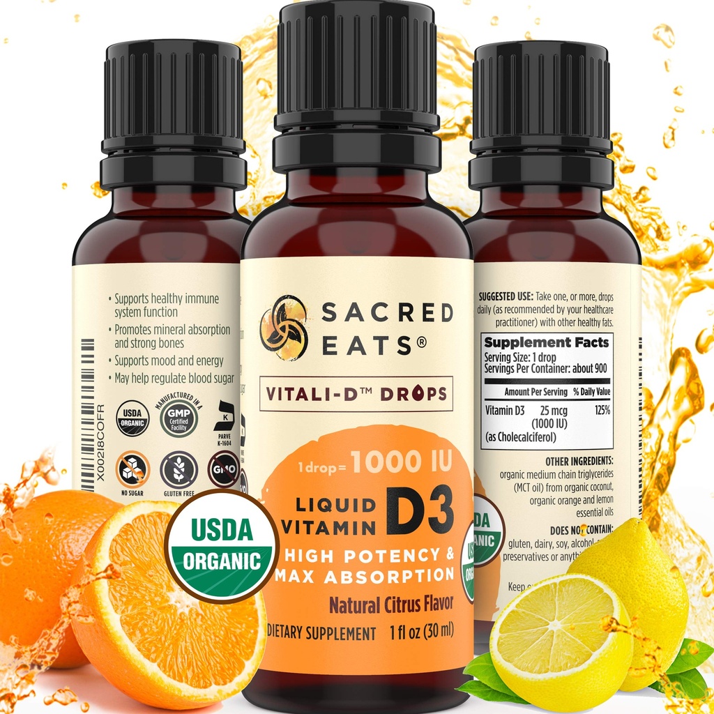 Gocce di vitamina D liquido organico per bambini e adulti, senza zucchero. Facile da usare 1.000 UI/Drop in olio di cocco MCT. Ultimi mesi, meglio per alte dosi. Max assorbimento VIT D3 supplemento. Gusto grande (Citrus)