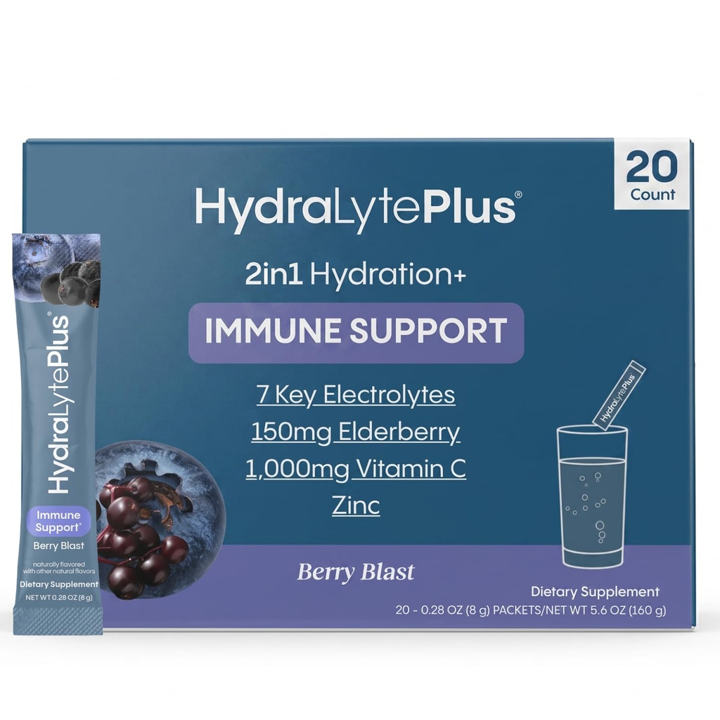 Idralyte Electrolytes Plus Immunity, Elderberry - Polvere di riidratazione rapida di zucchero basso - Imballi di polvere di elettrolita leggermente scintillanti con 1.000 mg di vitamina C e 300 mg di Elderberry (8oz Serve, 20 Conte)