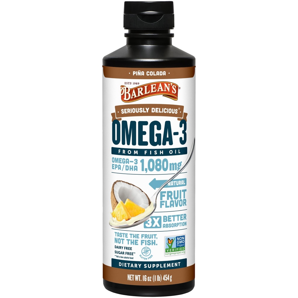 Integratore liquido dell'olio di pesce Omega 3 di Barlean per gli uomini e le donne, Pina Colada, 1080mg EPA e acido grasso DHA, 16 oz