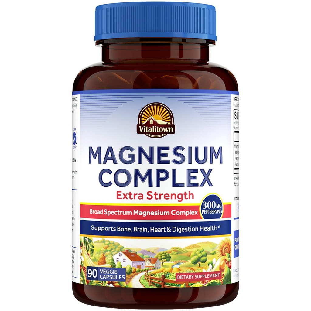 Vitalitown Magnesium Complex Supplemento | 300mg Magnesio Elemental Magnesio Citrato Glycinate Taurate Malate | Non-GMO, No Gluten, 90 Vegan Magnesio Capsule per Bone Brain Heart