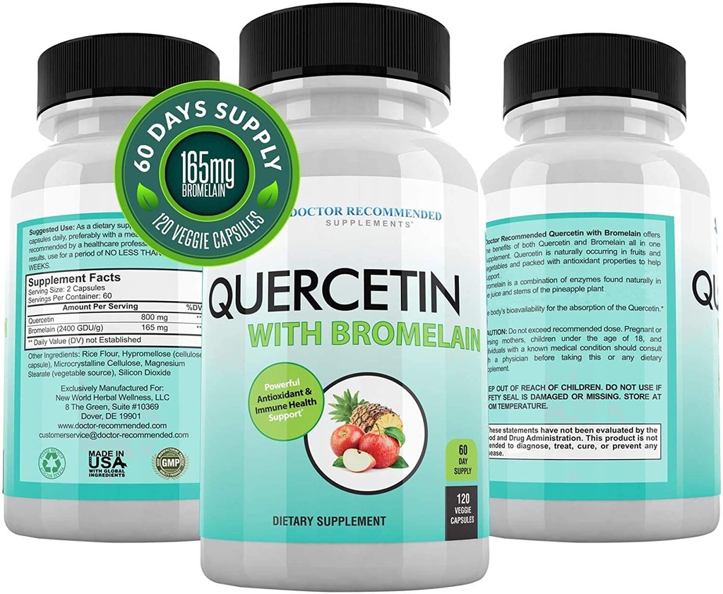 DOCTOR SUPPLEMENTARI COMANDATI Quercetin 800mg w/Bromelain 165mg Per Serving- 120 capsule vegetali-Full 60 giorni di alimentazione, supplemento di vitamina per il supporto e bioflavonoidi, senza glutine, non OGM