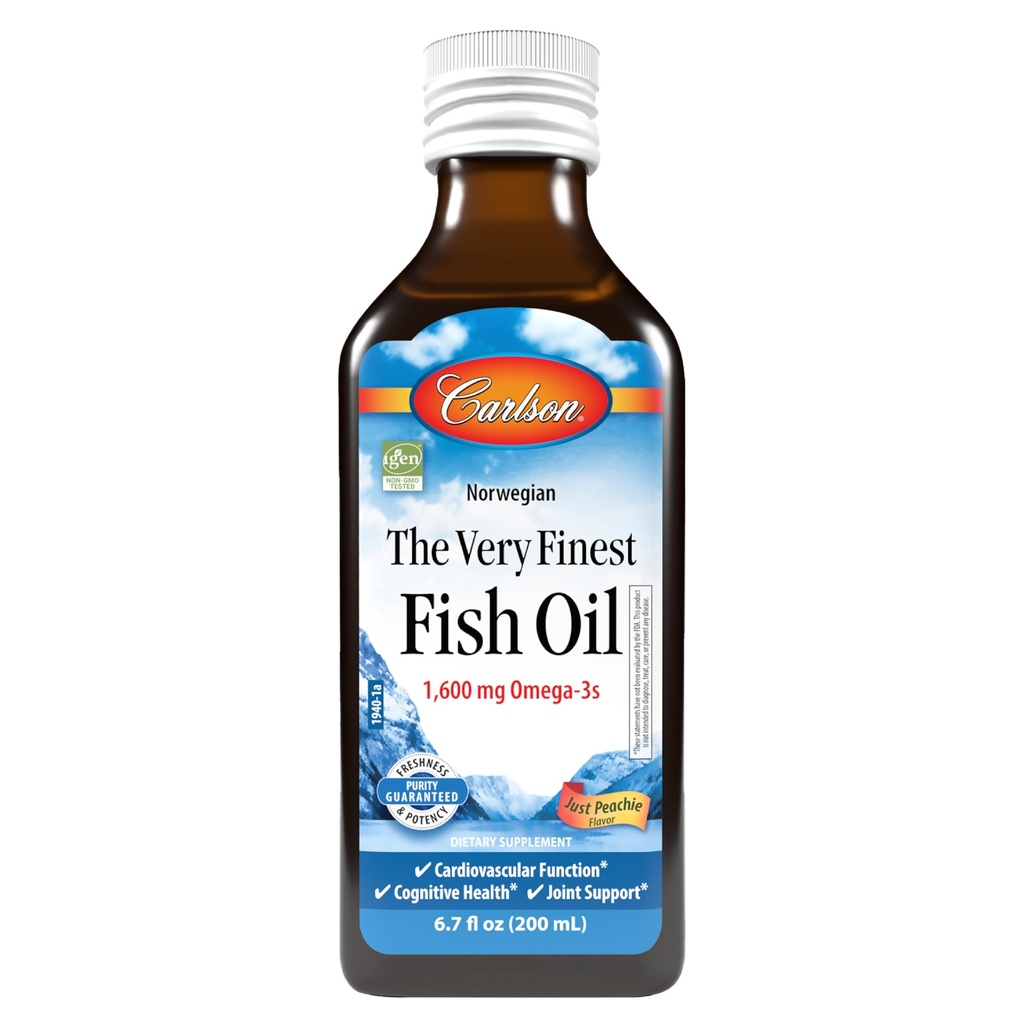 Carlson - L'olio di pesce più fine, 1600 mg Omega-3s, supplemento di olio di pesce liquido, olio di pesce norvegese, Wild-Caught, Sustainable Sourced Fish Oil Liquid, Just Peachie, 200 mL (6.7 Fl Oz)