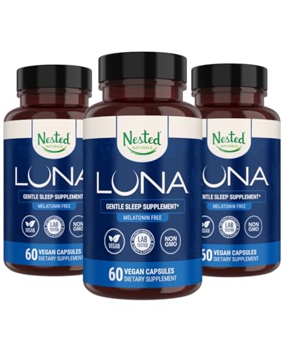 Nested Naturals Luna Melatonin Free, Non-Habit Forming Herbal Sleep Supplement w/Chamomile, Valerian, L-Theanine, 180 capsule vegane (60 capsule per bottiglia)