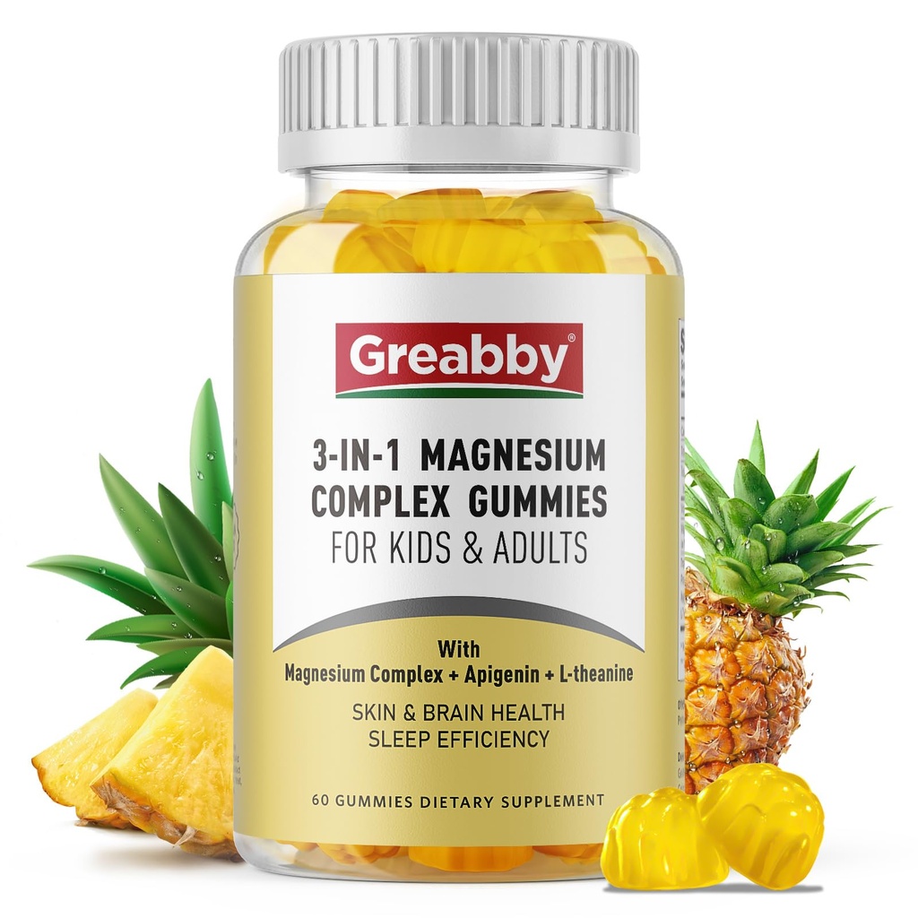 Triple Magnesium Complex Gummies - 800mg Magnesio Glycinate & Citrate, Apigenin & L-teanina, per bambini e adulti, naturalmente Asleep & Cramps muscolari (60 Conte)