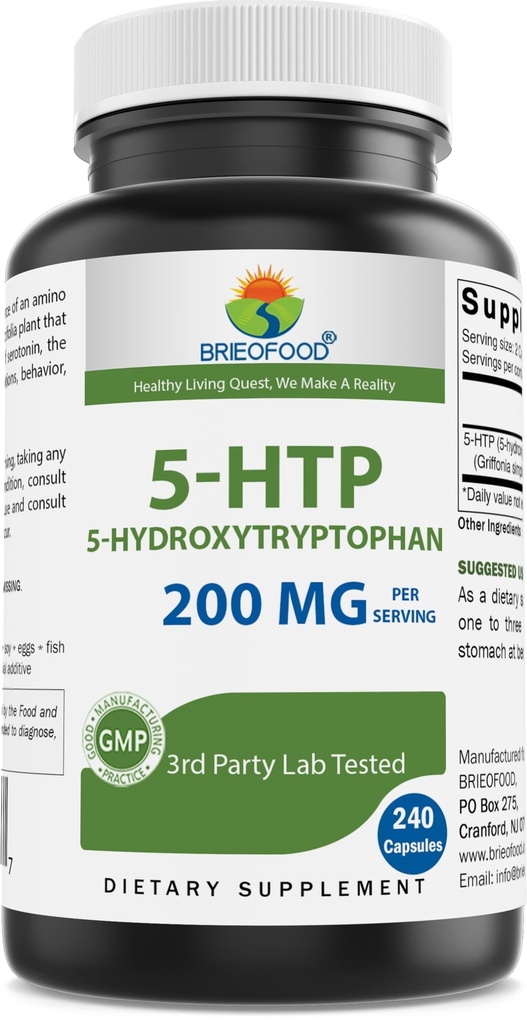 Brieofood 5-HTP 200mg per Serving - 240 Capsule - 5-Hydroxytryptophan per rilassamento sano - 3rd Party Lab Tested