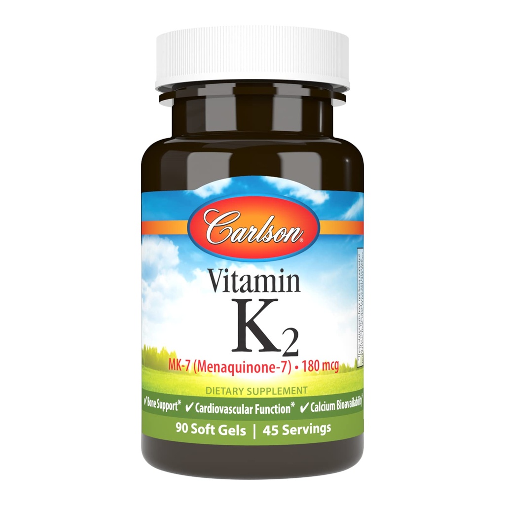 Carlson - Vitamina K2 MK-7 (Menaquinone), 180 mcg, Bone Support, Calcium Biodisponibilità, K2 Vitamin, Vitamina K-2, 90 Softgels
