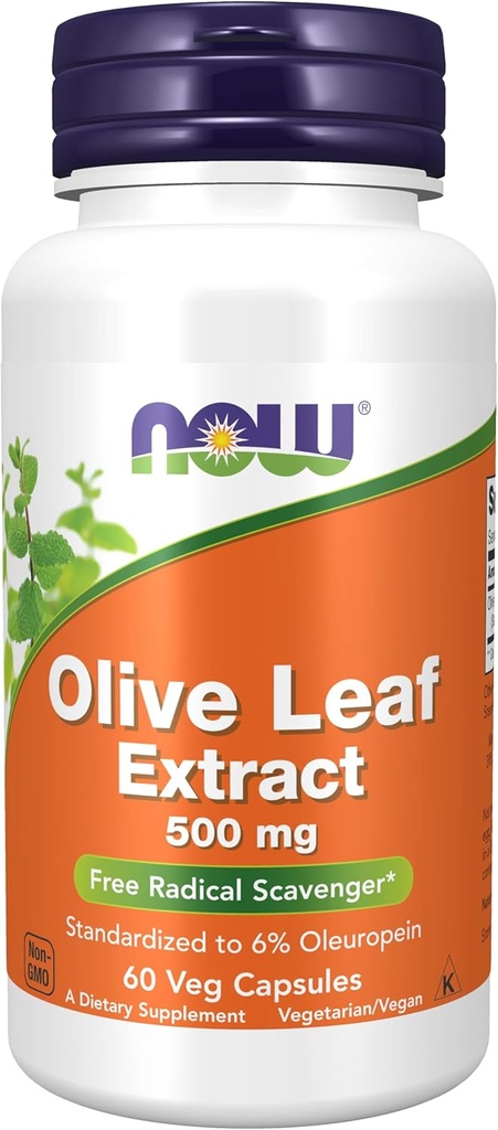 NOW Integratori alimentari, Estratto di foglie di oliva 500 mg, Scavenger radicale gratuito*, 60 capsule di veg
