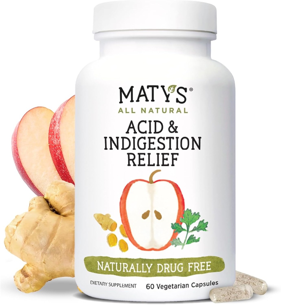 Matys Acid & Indigestion Relief Capsules, Sicuro Antacid Alternative per il Rifiuto di Acido Occasionale & Heartburn, Realizzato con Aceto di Sidro di Mele, Soy & Gluten Free Capsule Vegetariani, 60 Conte, 30 Serve