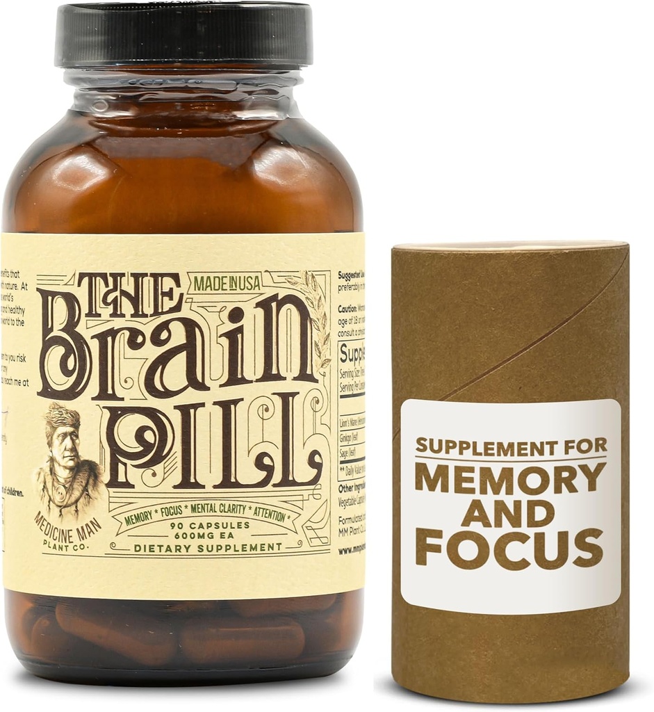The Brain Pill 90 Capsules – Organic Brain Booster Supplement - Memory Pills for Brain w/ Ginkgo Biloba Capsules, Lion’s Mane & Sage - Brain Booster Supplemento per Focus, Memory, Clarity, Energy