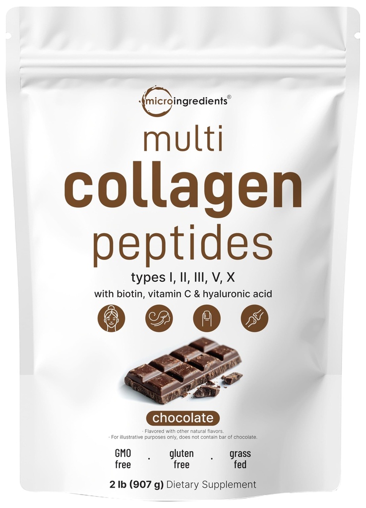 Micro Ingredienti Multi Collagen Peptides Polvere, 2lb | Tipo I, II, III, V, X + Biotina, Vitamina C & Acido Ialuronico | Cioccolato Flavor | Supporti Capelli, Pelle & Joint Health | Keto, Non OGM