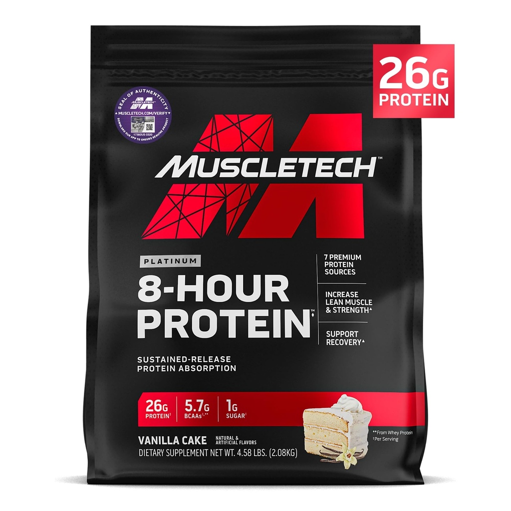 MuscleTech Platinum 8-Hour Protein Powder - 7 Premium Protein Sources con Whey & Casein Protein per un aumento del muscolo magro, resistenza e recupero migliorato - Torta di Vanilla, 50 Servings