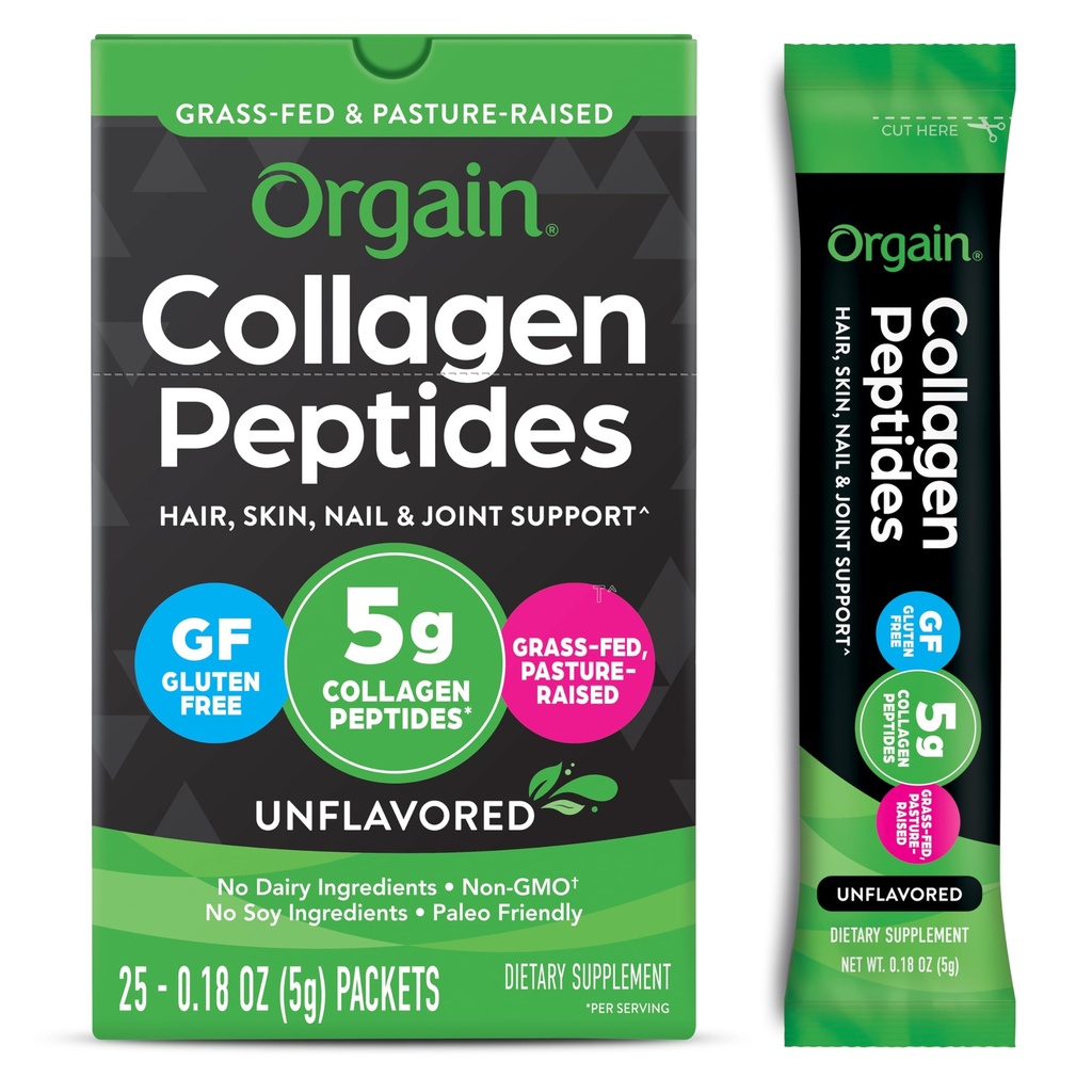 Pacchetti di viaggio di peptidi di collagene idrolizzati di Orgain per le donne e gli uomini - 5g Collage a base di erbe per il consumo, capelli, pelle, supplemento di supporto per unghie e articolari, non OGM, tipo I & III - non aromatizzato (25 Conte)