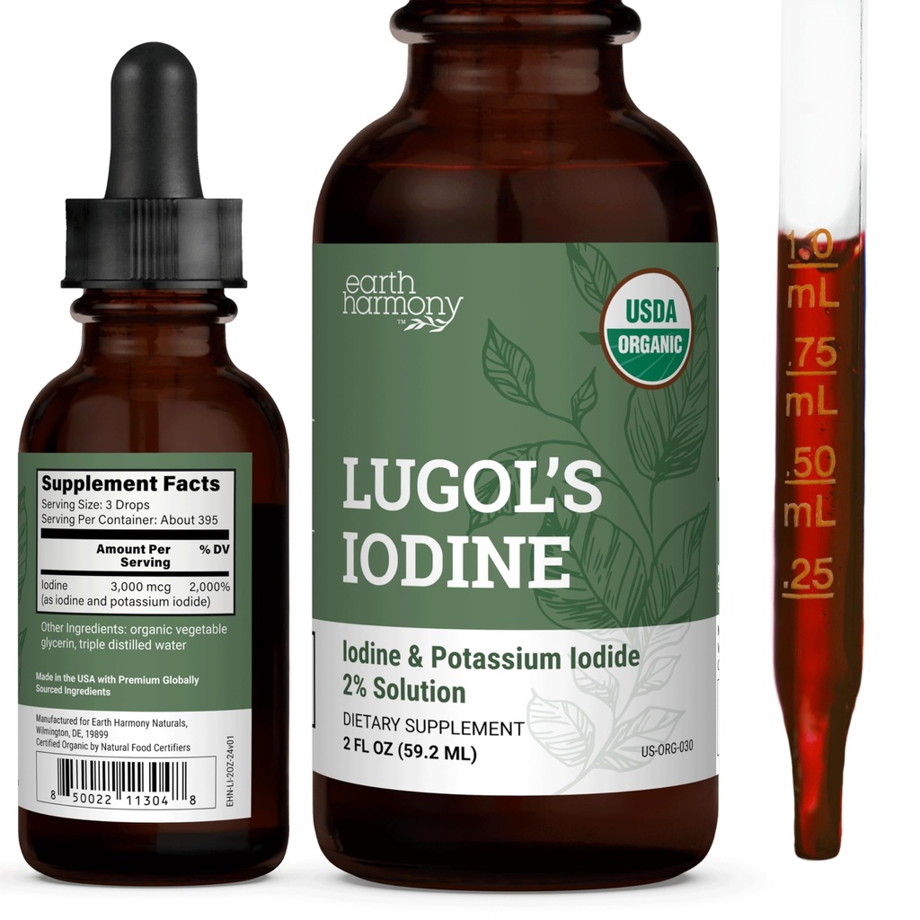 Iodio, Iodio e Potassium Iodide 2% Soluzione 3000 mcg - Liquid Supplement Drops for Thyroid Support for Women & Men, Metabolism Health, Detox Boost - Non-GMO, 395 Servings (2 Oz)