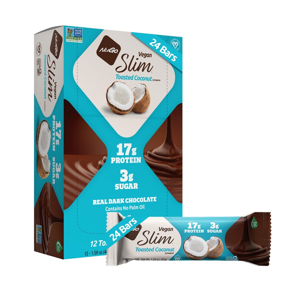 Nugo Slim Dark Chocolate Toasted Coconut, 16g Vegan Protein, 3g Zucchero, Fibra 7g, Carburo Basso Net, Keto Friendly, Gluten Free, 24 Conte