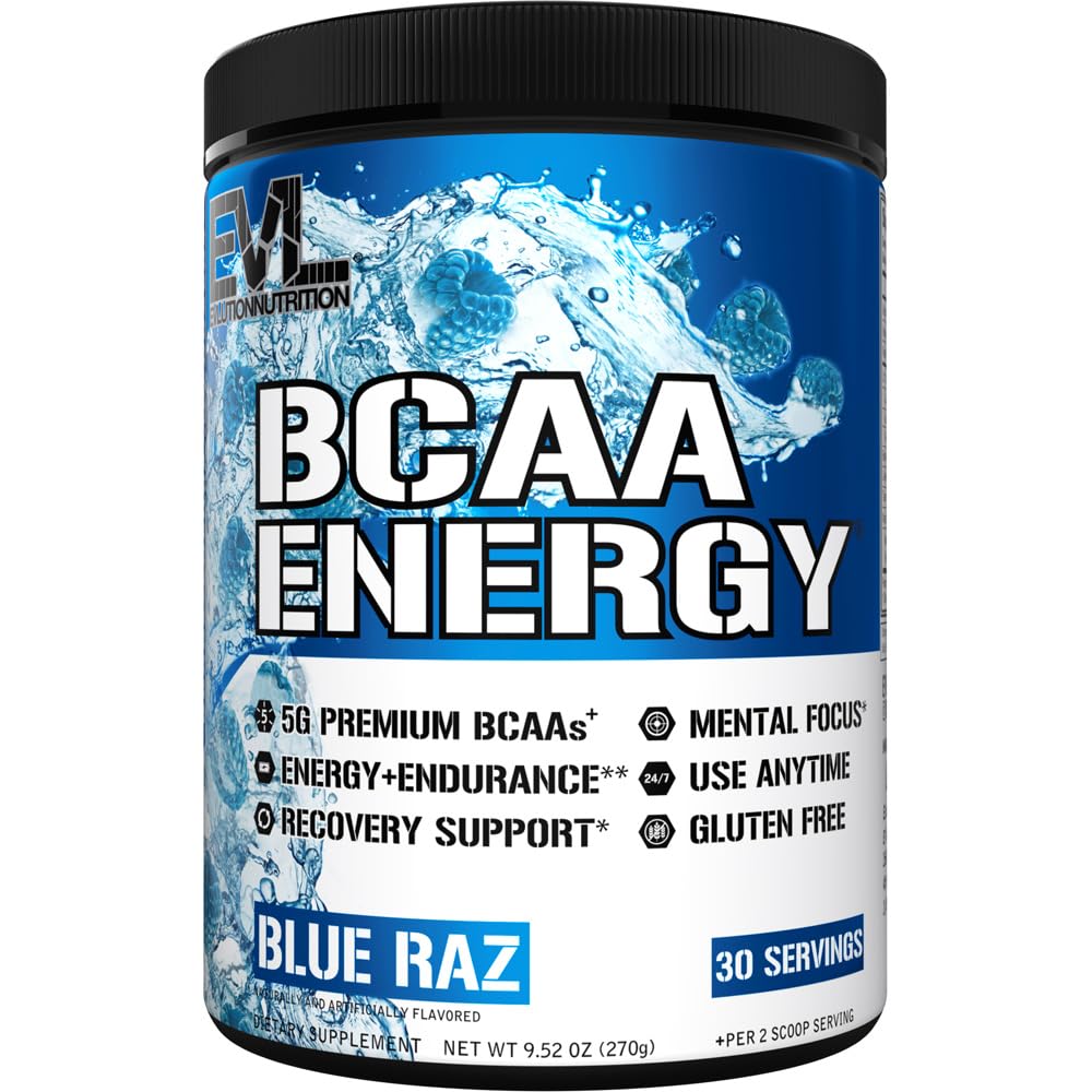 EVL BCAAs Aminoacidi Polvere - BCAA Energy Pre Workout Polvere per il recupero muscolare magra crescita e resistenza - Reidratando Post Workout Recovery Drink con caffeina naturale - Raz blu