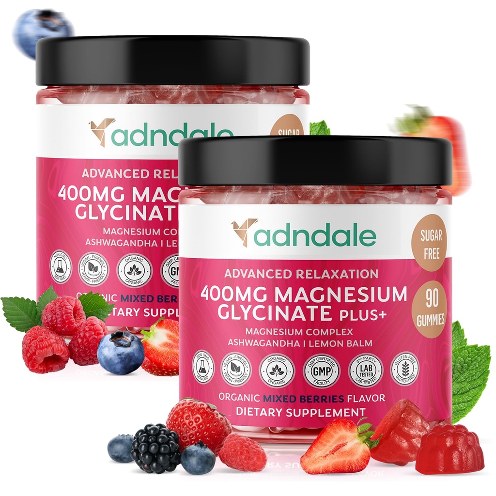 Adndale 180 CT Magnesio Glycinate Gummies 400 mg/Serv, con Ashwagandha, Magnesio Malato & Taurate, Zucchero Chews gratis per adulti e bambini.