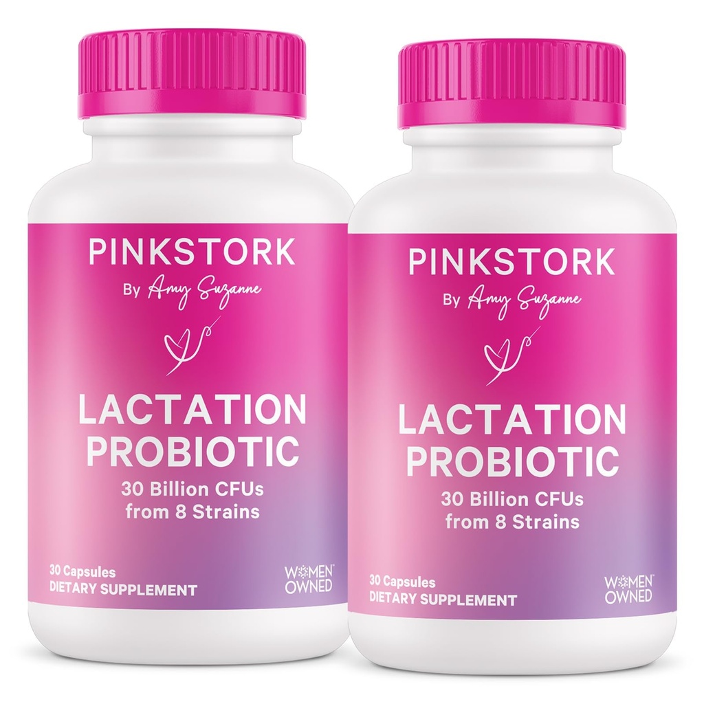 Probiotico di lattazione di cicogna rosa - 30 miliardi di CFU Probiotici postnatali Multi Strain per le donne che allattano - Supporta latte di seno & Gut Salute, Postpartum Essentials, 60 capsule