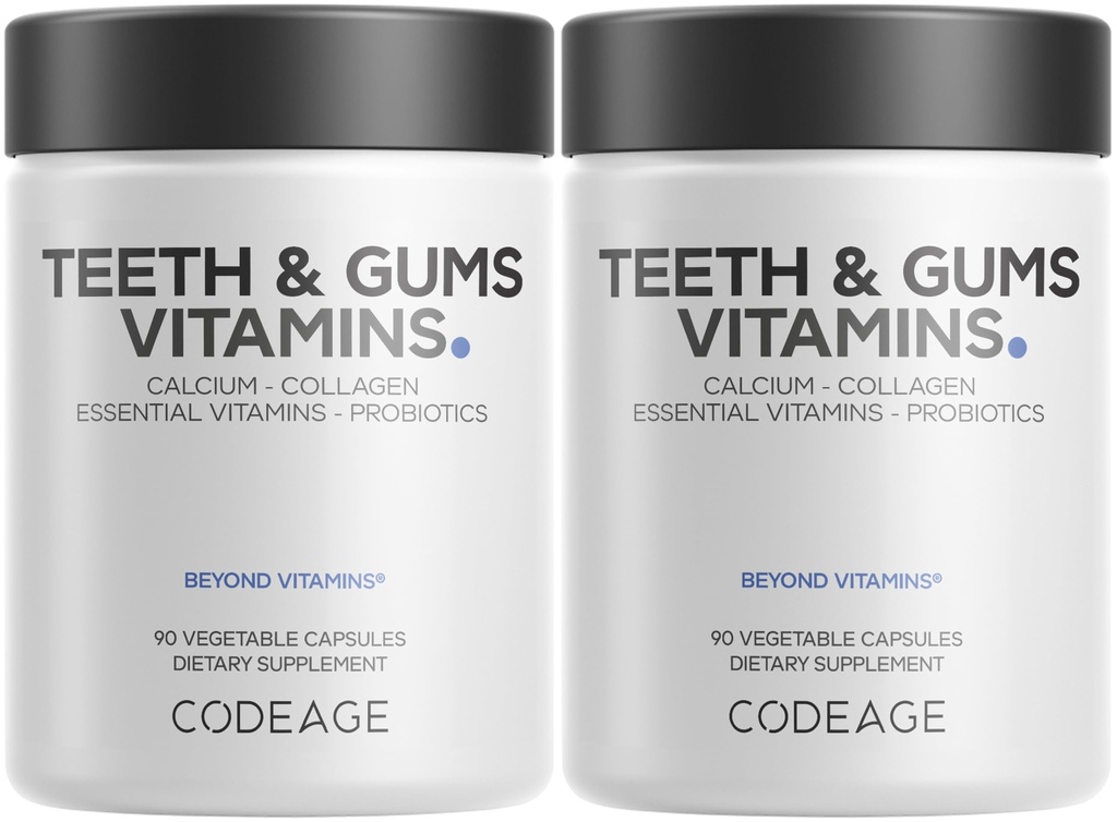 Codici Teeth & Gums Vitamine + Supplemento Probiotici orali per Mouth - Calcium alimentare intero, collagene, potassio, vitamina C, D3, K2, Zinc – Cura orale & Integratori multivitaminici dentali - 2 Confezione