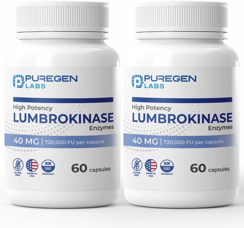 Puregen Labs Lumbrokinase 40mg per Capsule Supplemento ad alta potenza | Enzimi Lumbrokinase ad alta attività | No Harmful Additivi | Non OGM | Gluten Free | Made in USA - Totale 120 Capsule Vegetariani
