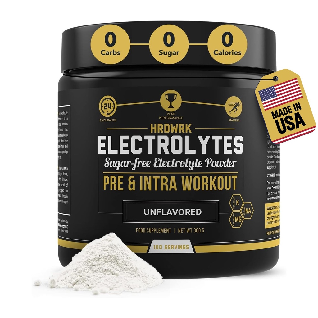 HRDWRK - Elettroliti Polvere Keto Hydration Sugar Free con Magnesio, Potassio e Sodio - 100 Serve | Boost Endurance e Ridurre Fatigue con Questo Integratore Elettroliti - Massima idratazione