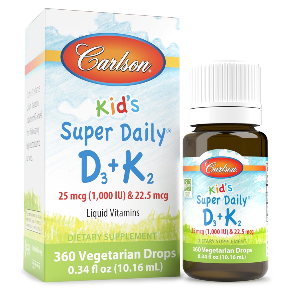 Carlson - Super Daily D3+K2, 25 mcg (1,000 IU) D3 & 22,5 mcg K2, Vitamina D Gocce con Vitamina K2, Vitamine Liquide, 1000 IU Vitamina D3, Heart & Bone Salute, Alimentazione 1-Anno, Non aromatizzata, 360 Gocce