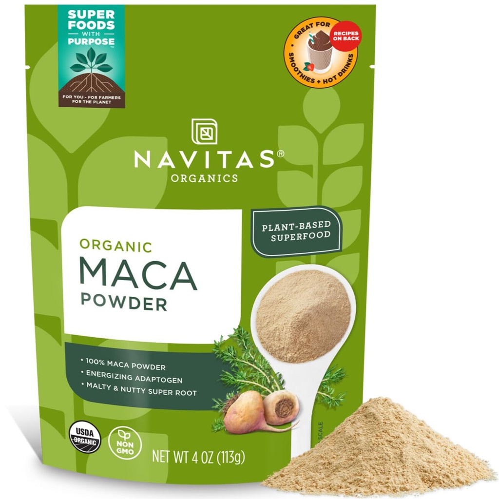 Navitas Organics Maca Powder – 100% Gelatinized Peruvian Maca per Adaptogen Smoothies, Lattes, Baking & More – Energize & Balance - USDA Organic, Non OGM, Vegan, Gluten Free (4oz. Bag, 23 Servings)