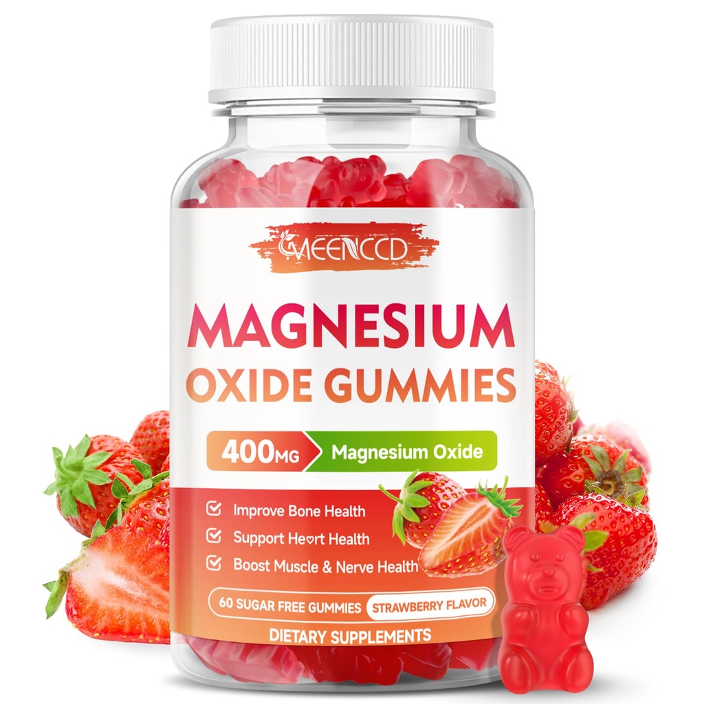 Magnesio Ossido Gummies 400mg, Chewable Magnesium Oxide Supplemento per adulti e bambini, Nerve & Muscle Support, Non OGM, Zucchero-Free, Fragola Flavor, 60 Conte