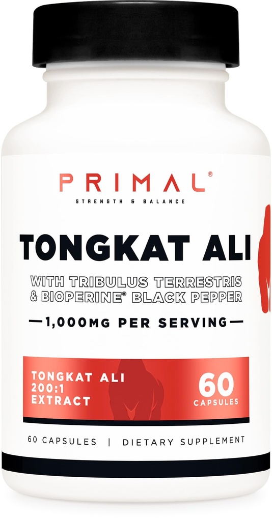 Primal Tongkat Ali Capsule (60 Capsule / 30 Serve, 1.000 mg Per Serve) - Integratore di Jack Long per Uomo, Senza Glutine, Integratore Alimentare Non OGM