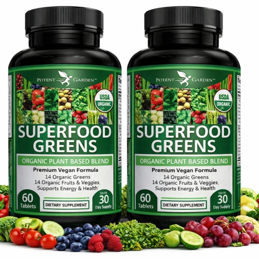 Potent Garden 2-Pack Organic Superfood Greens, Fruit and Veggie Supplement Rich in Vitamine & Antiossidanti con Alfalfa, Radice di barbabietola & Tart Cherry per aumentare l'energia, Immunity & Gut Health, 120 Ct