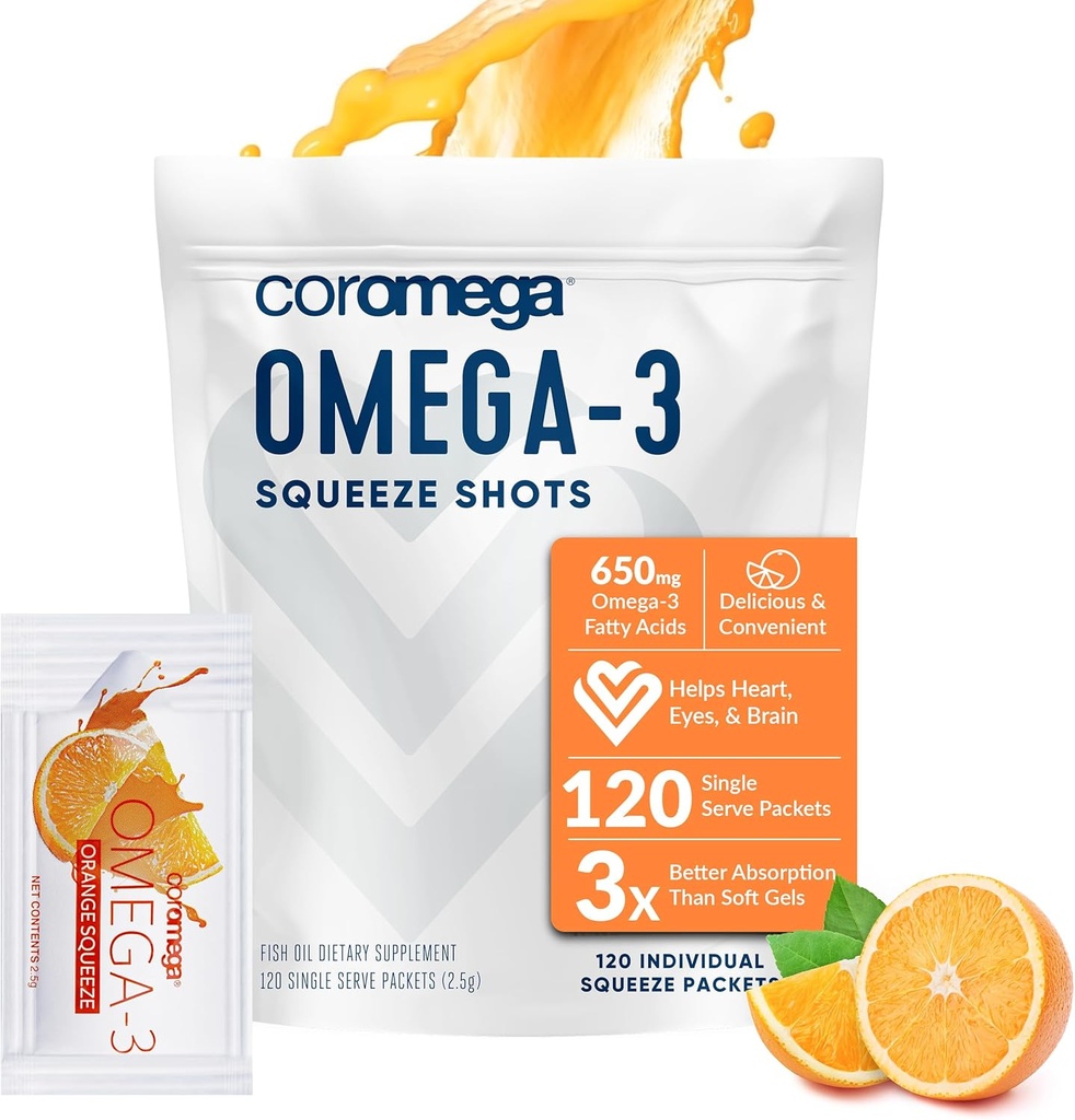 Coromega Omega 3 Fish Oil Supplemento, 650mg di Omega-3 con 3X Migliore Assorbimento Che Softgels, Arancione Flavor, 120 Single Serve Squeeze Packets