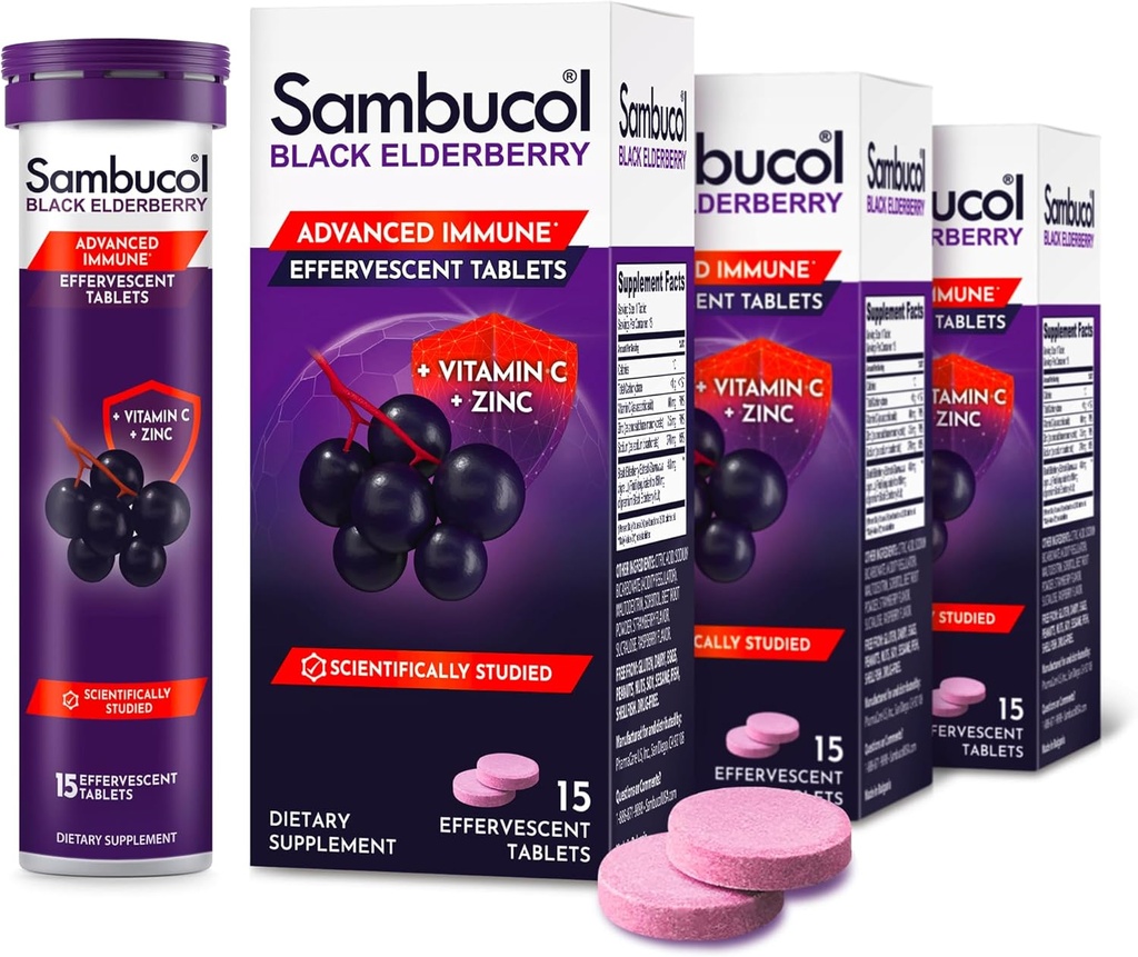 Sambucol Black Elderberry Tablets con vitamina C & Zinc - Integratore di Supporto Immune, Mirtillo Nero con Zinco e Vitamina C Tabelle Effervescenti, Antiossidanti Alti, Bevande Fizzies - 15 compresse