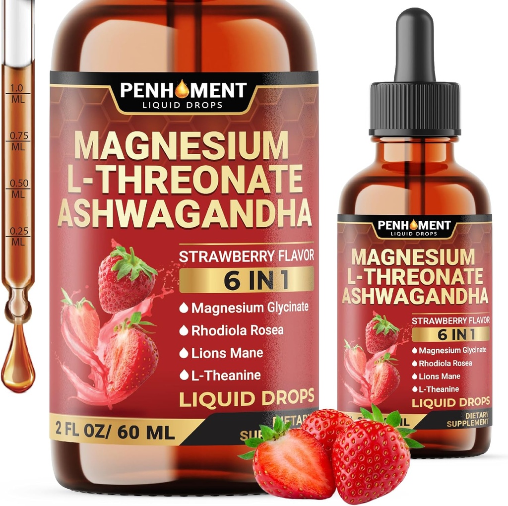 6in1 Magnesio L-Threonate gocce liquide con Ashwagandha, Magnesio Glycinate e 3 Altro - Supporto e Immune del cervello - 2 Fl Oz per 30 giorni - Sapore di fragola