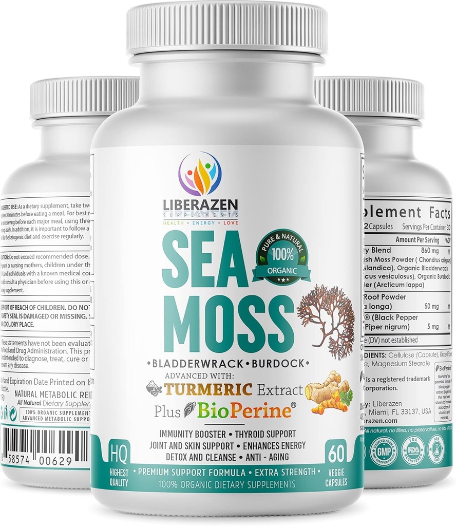 Organic Irish Sea Moss Pills - Wildcrafted Dr Sebi Ispirato Seamoss Blend con Turmeric, Burdock Root & Bladderwrack, Enhanced with Black Pepper - 60 Capsule